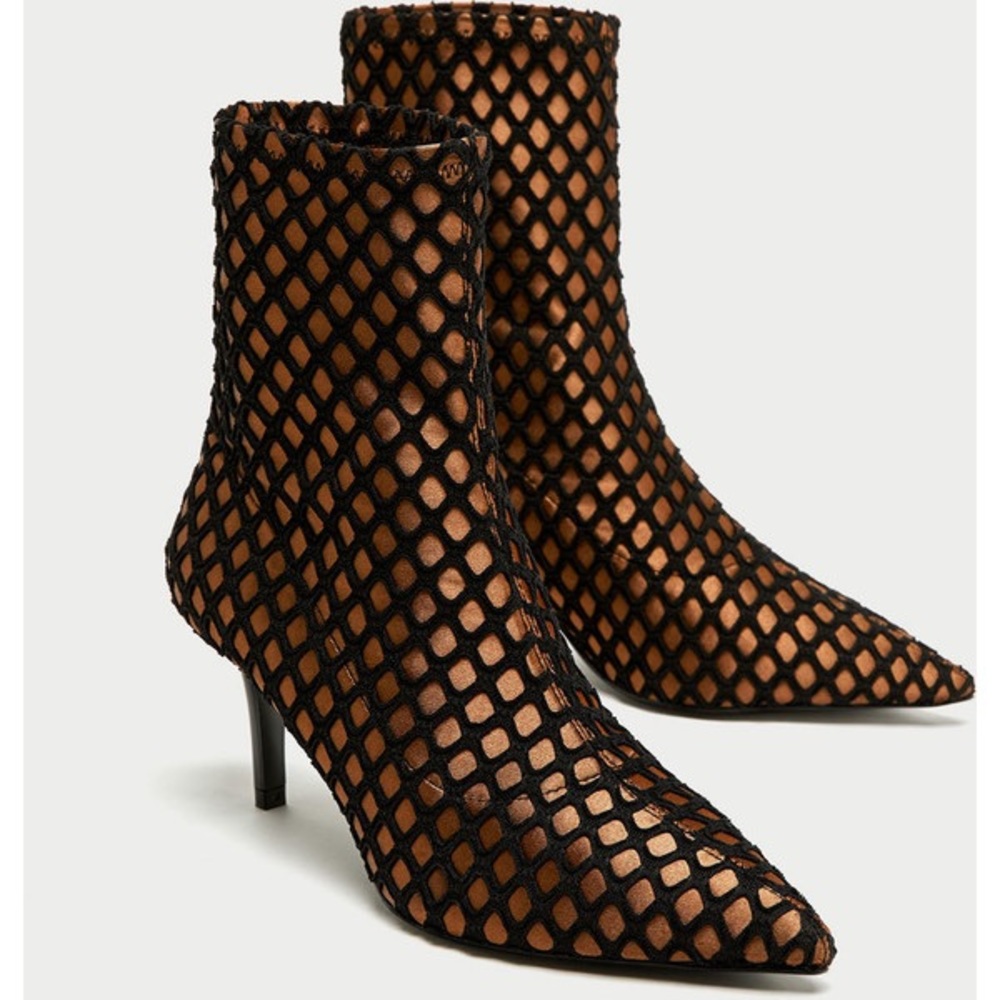 NWT Zara Black Bronze High Heel Mesh Ankle Boots - Picture 3 of 8
